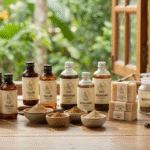 Authentic Kerala Ayurvedic Products including Kashayam, Tailam medicated oils, herbal powders and traditional Ayurvedic medicines displayed naturally