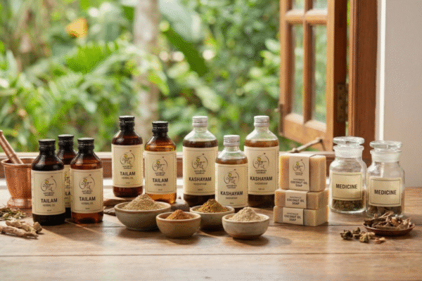 Authentic Kerala Ayurvedic Products including Kashayam, Tailam medicated oils, herbal powders and traditional Ayurvedic medicines displayed naturally