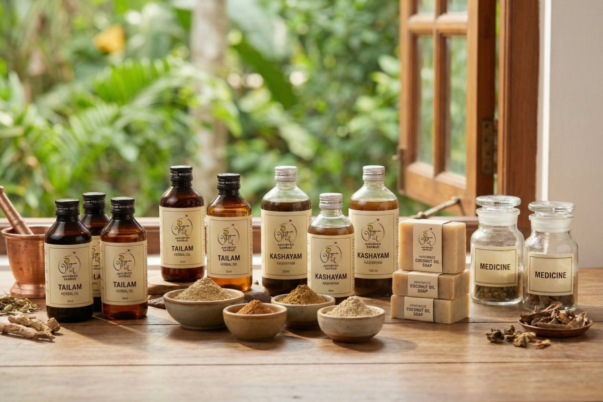 Authentic Kerala Ayurvedic Products including Kashayam, Tailam medicated oils, herbal powders and traditional Ayurvedic medicines displayed naturally